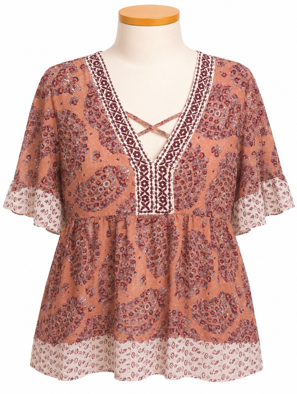 Knox Rose Pink Paisley Print Chiffon Babydoll Peplum Top S Boho Festival Casual